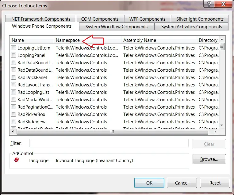 Telerik RadControls for Windows Phone – Article #2 - How to add controls to Visual Studio 2010 toolbox ?