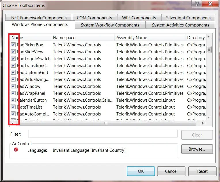 Telerik RadControls for Windows Phone – Article #2 - How to add controls to Visual Studio 2010 toolbox ?