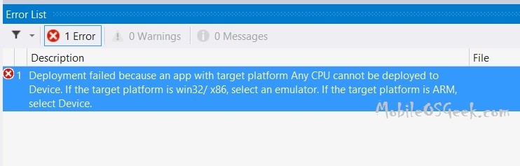Windows Phone - "Deployment failed because an app with target platform Any CPU cannot be deployed to Device" Error