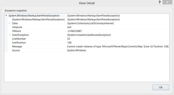 XamlParseException when using Map Control in Windows Phone 8