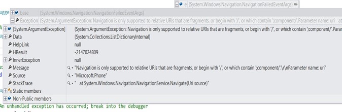 "Navigation is only supported to relative URIs that are fragments" Error in Windows Phone App
