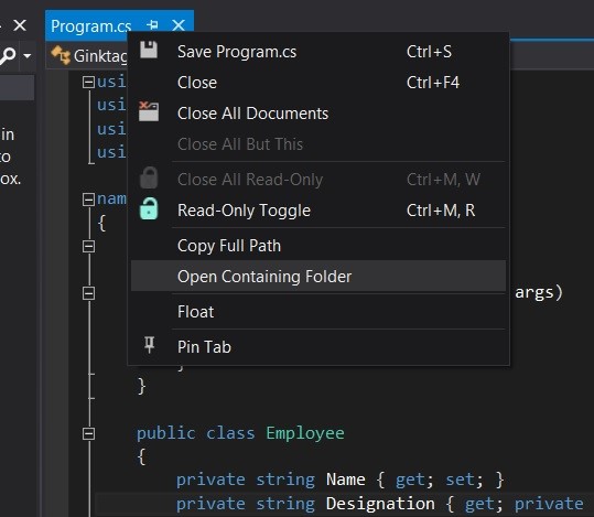 Visual Studio 2012 Tips and Tricks - Open File's Location from the File Tab  in Editor. - Developer Publish