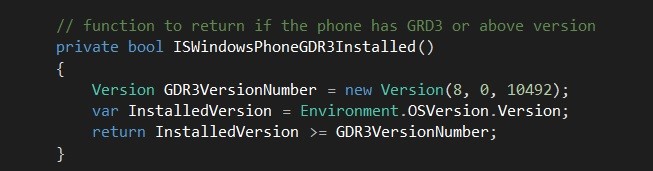 How to Programatically determine if the Windows Phone 8 GDR3 Update is installed in Phone?