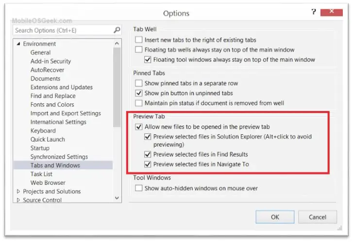 Visual Studio 2013 Tips & Tricks – Disable the Preview of File on Single Click from Visual Studio Options