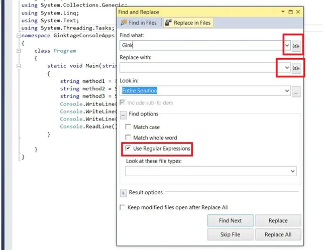 Visual Studio 2013 Tips & Tricks - Regular Expression in Find and Replace Dialog