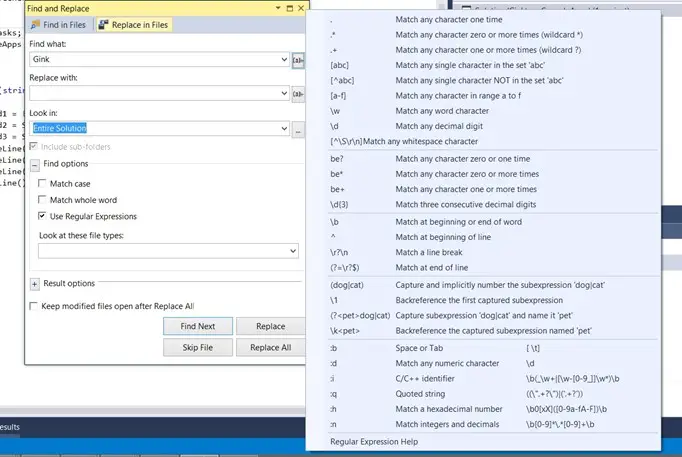 Visual Studio 2013 Tips & Tricks - Regular Expression in Find and Replace  Dialog