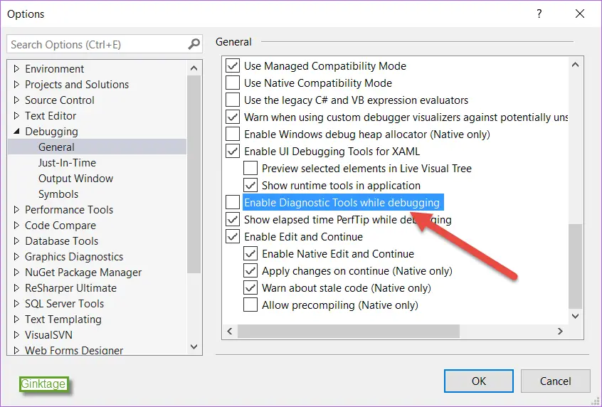 How to disable Diagnostic Tools in Visual Studio 2015? - Developer Publish