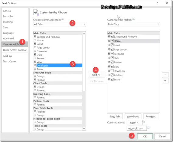 show developer tab in excel