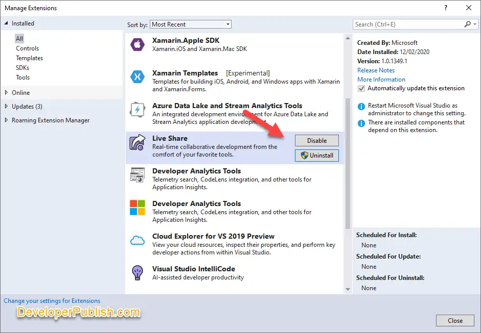 How to Disable Live Share in Visual Studio 2019 ?