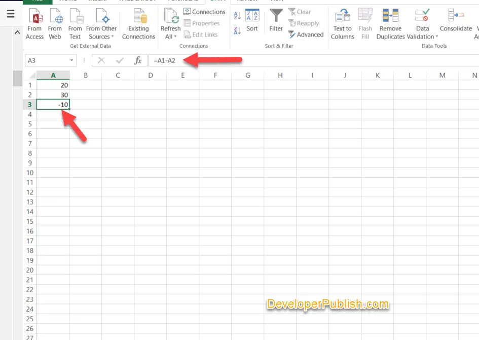 subtract in excel