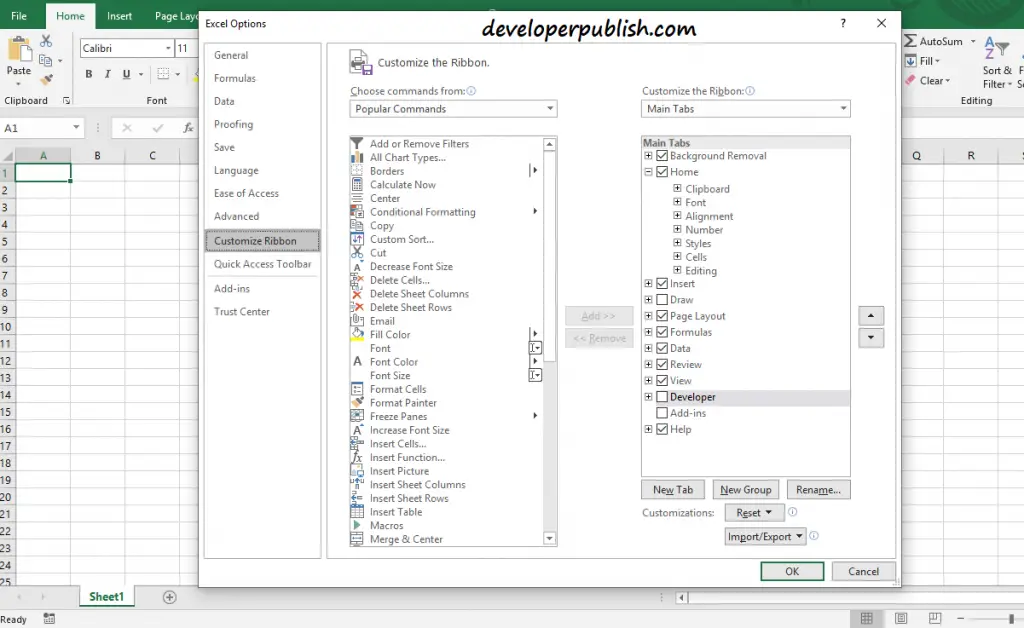 how to insert developer tab in excel