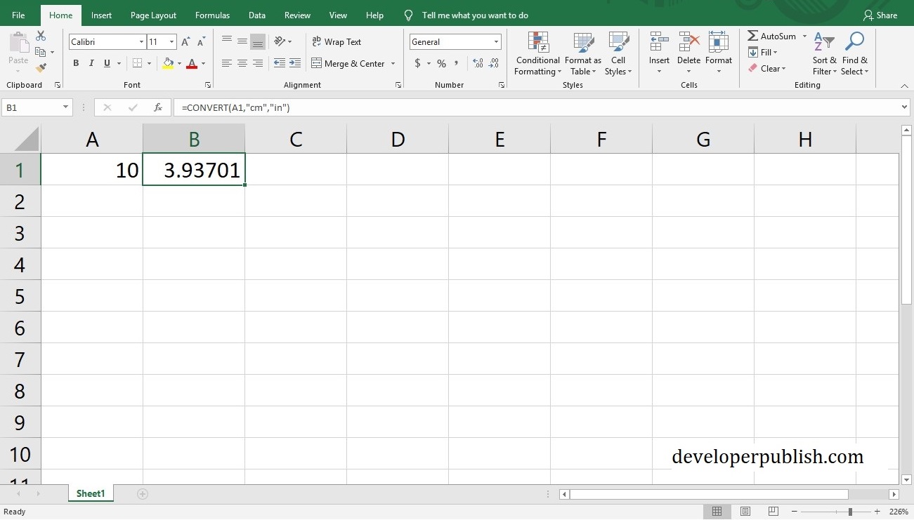 How to convert centimeters to inches in Microsoft excel? Developer