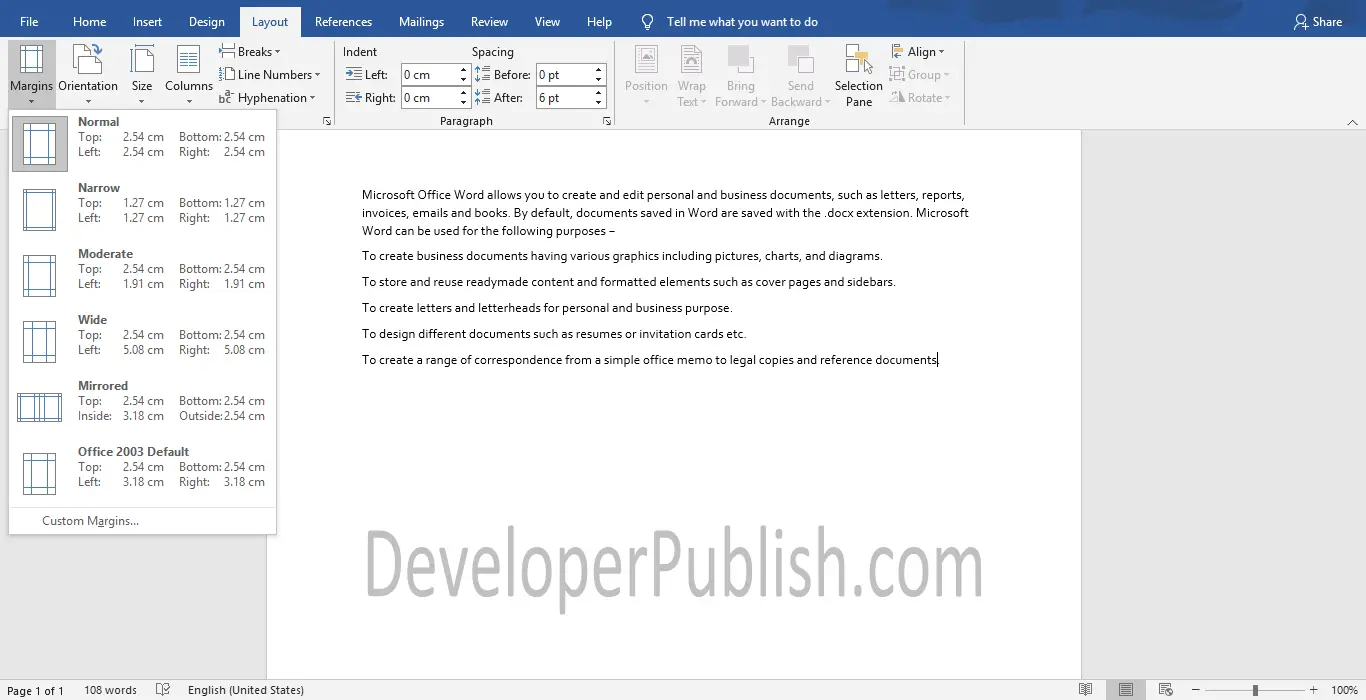 how to adjust right margin in word