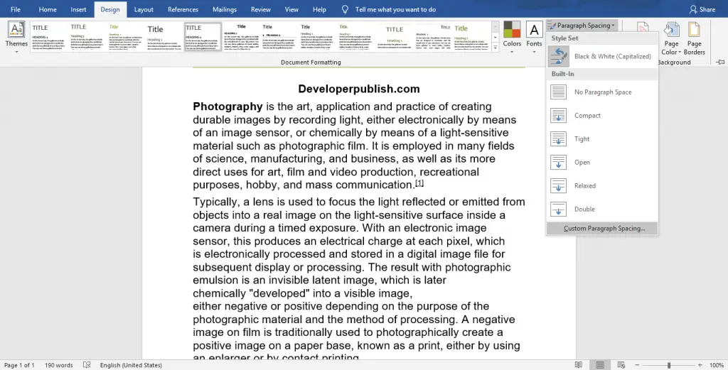 how to set no paragraph spacing in word 2013