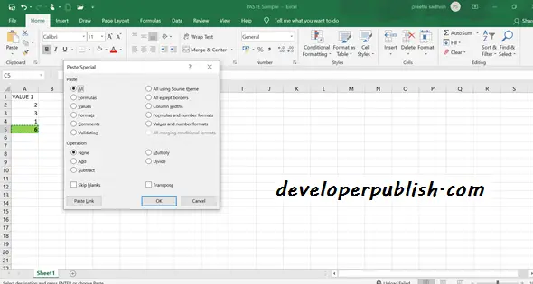 paste options in excel 2016