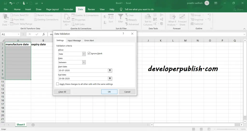 Date Validation in Microsoft Excel Developer Publish