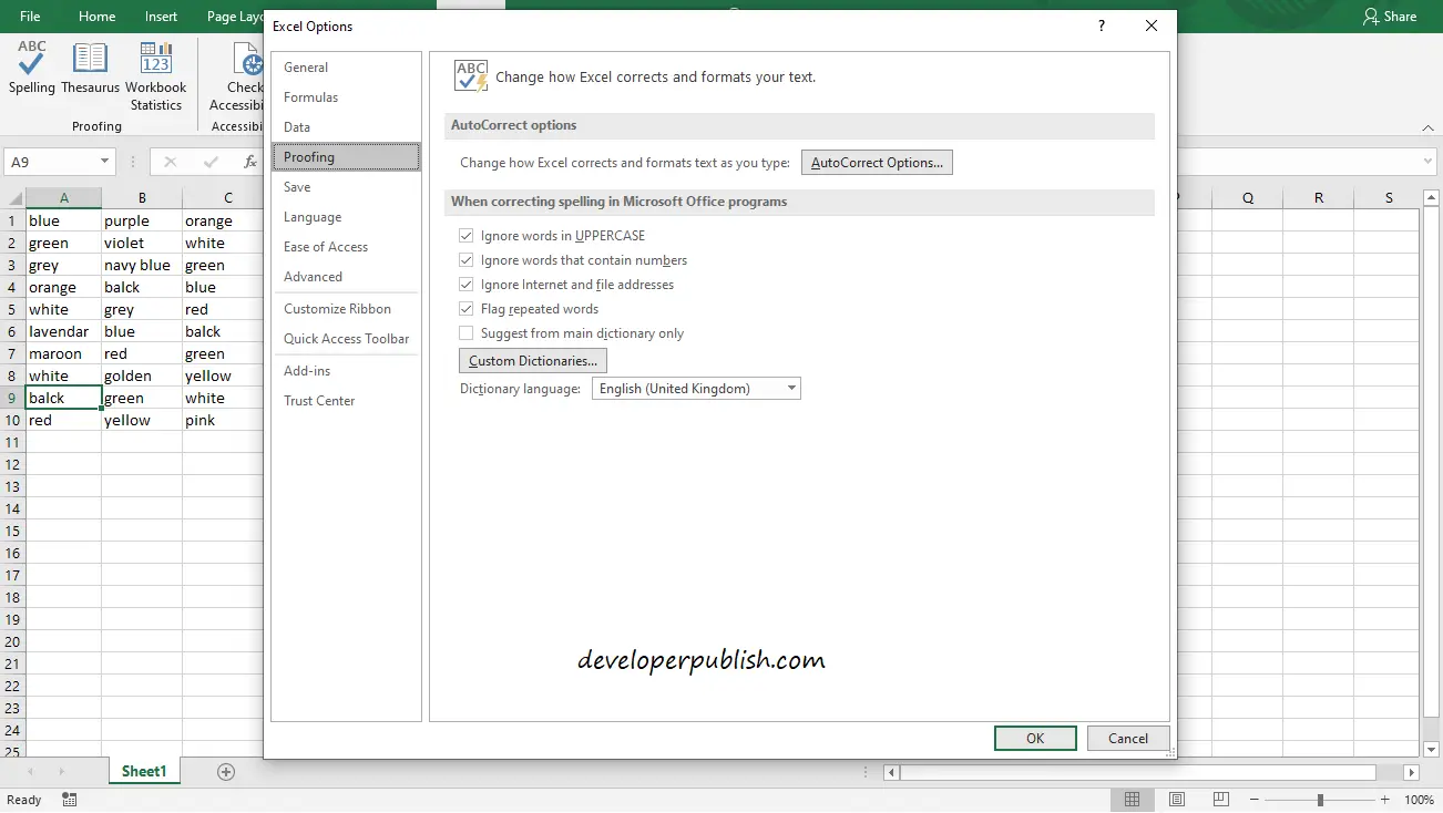 auto spell check in excel 2013