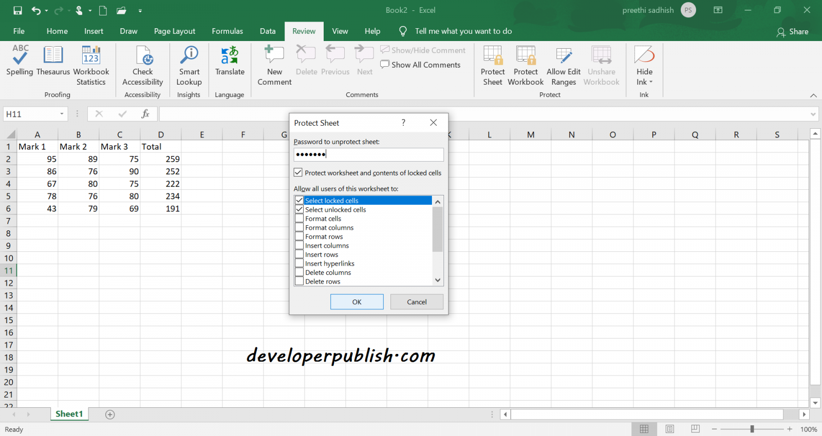 Hide and lock formulas in Excel Developer Publish