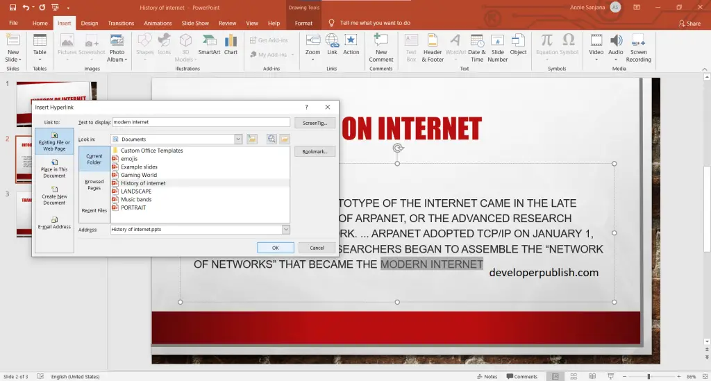 How to insert Add a hyperlink to a slide in PowerPoint ?
