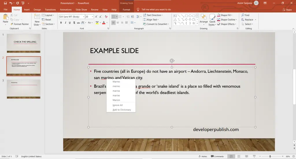 Check spelling in your presentation in PowerPoint