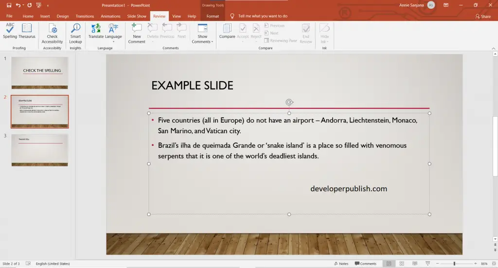 Check spelling in your presentation in PowerPoint