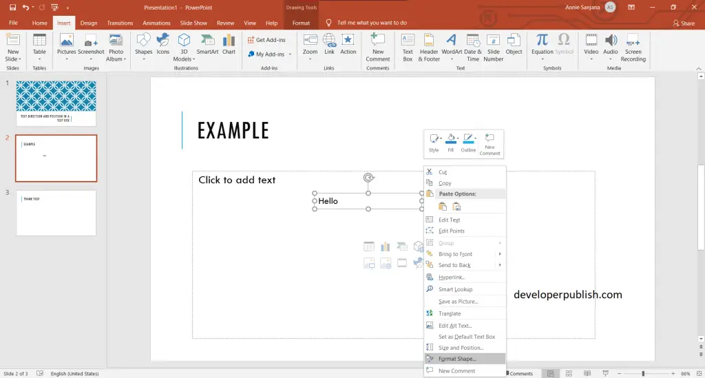 How to set Text Direction and position in a text box in PowerPoint?