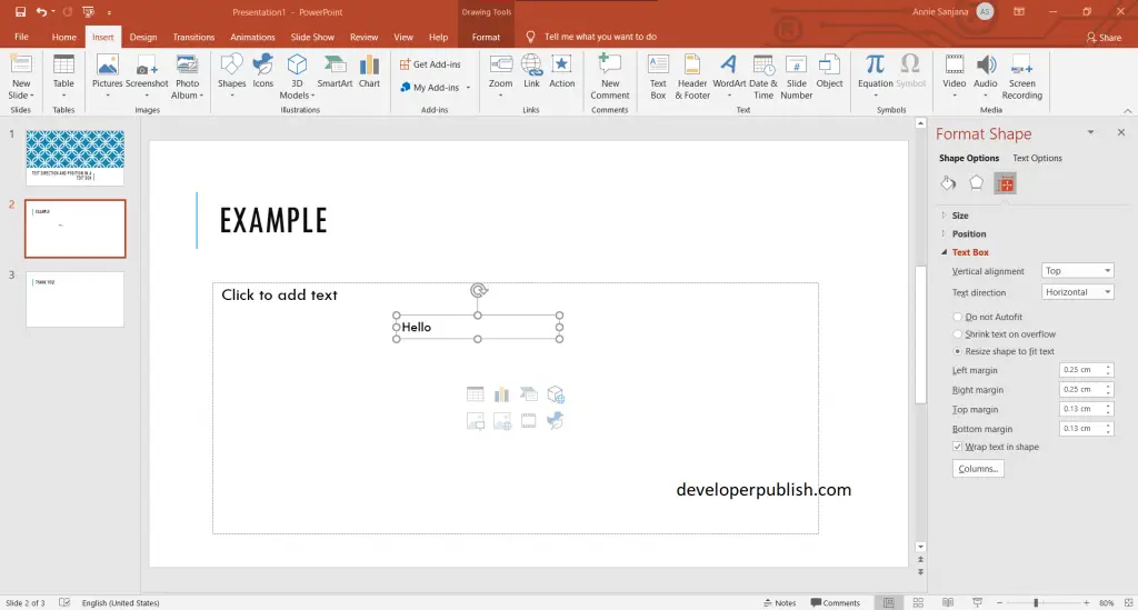 How to set Text Direction and position in a text box in PowerPoint?