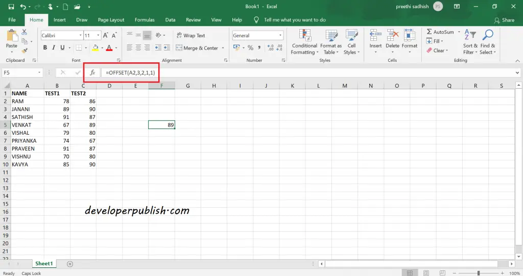 Offset Function in Microsoft Excel