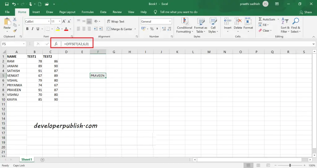 Offset Function in Microsoft Excel