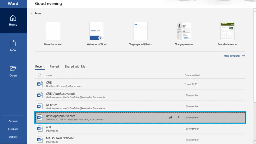 How to Open a Recent document using Screen Reader in Word?