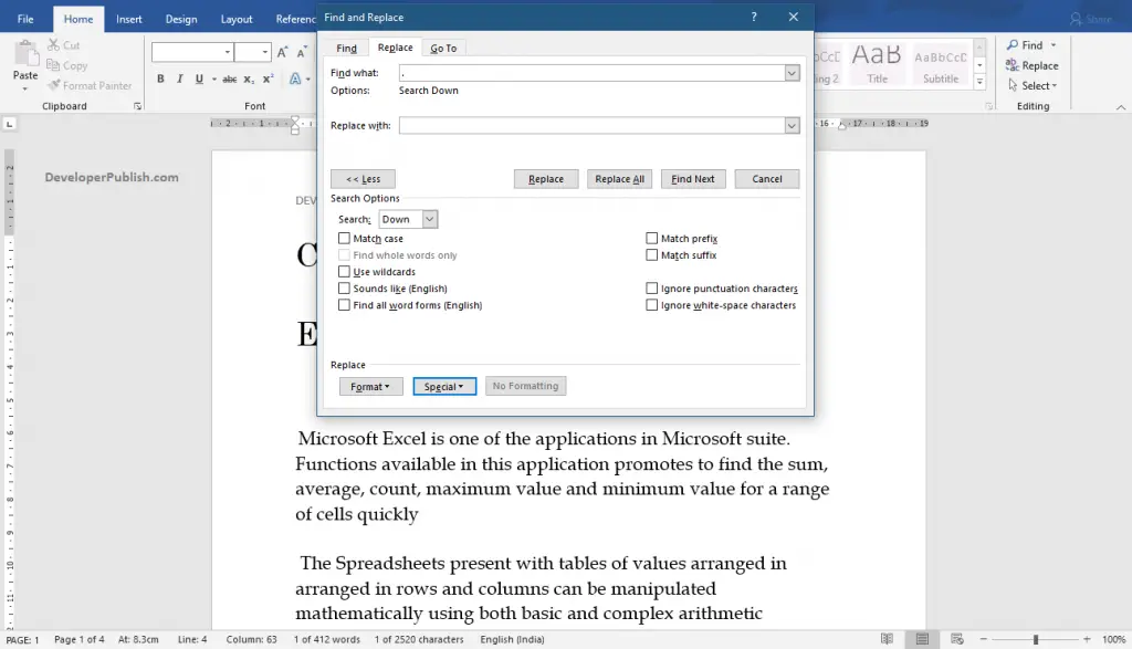 How to find the Special Characters in Word document?