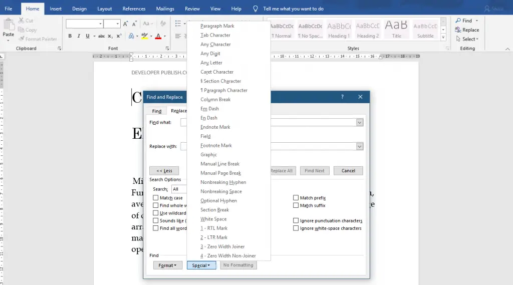 How to find the Special Characters in Word document?