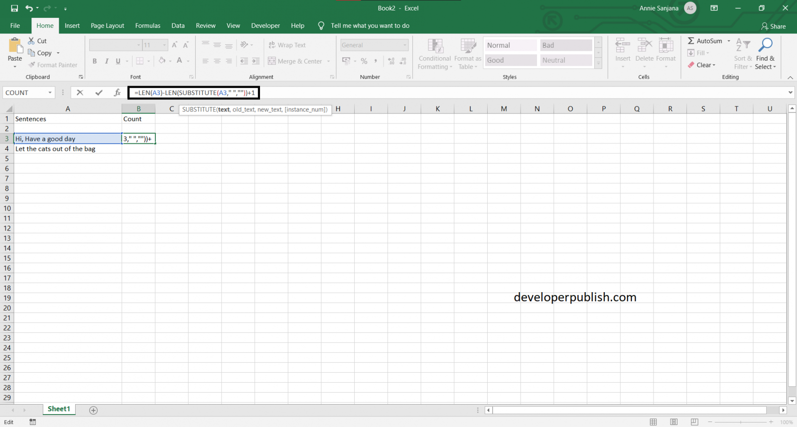 How to Count Number of Words in Excel Cell? - DeveloperPublish