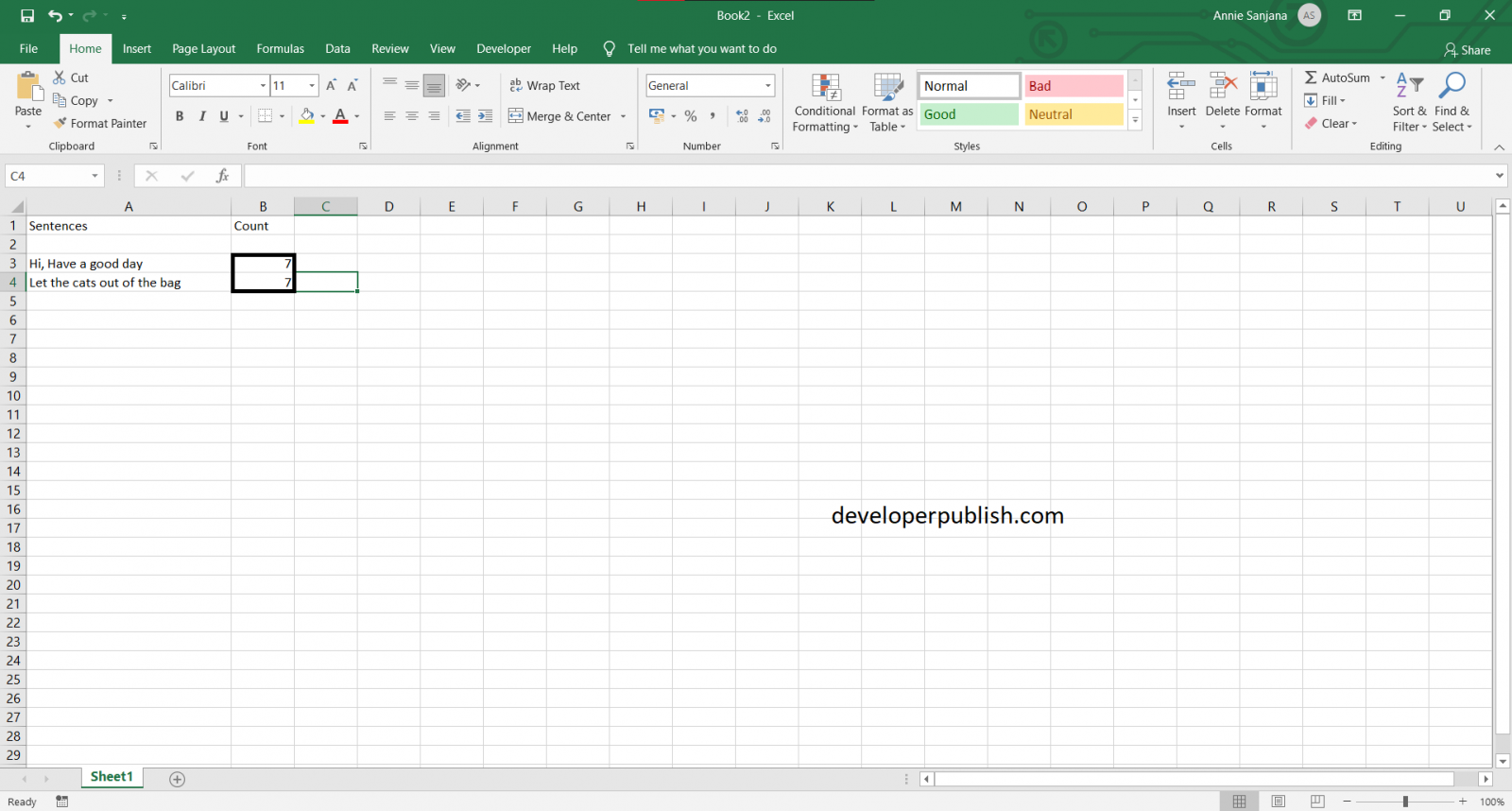 How to count number of words in excel cell developerpublish