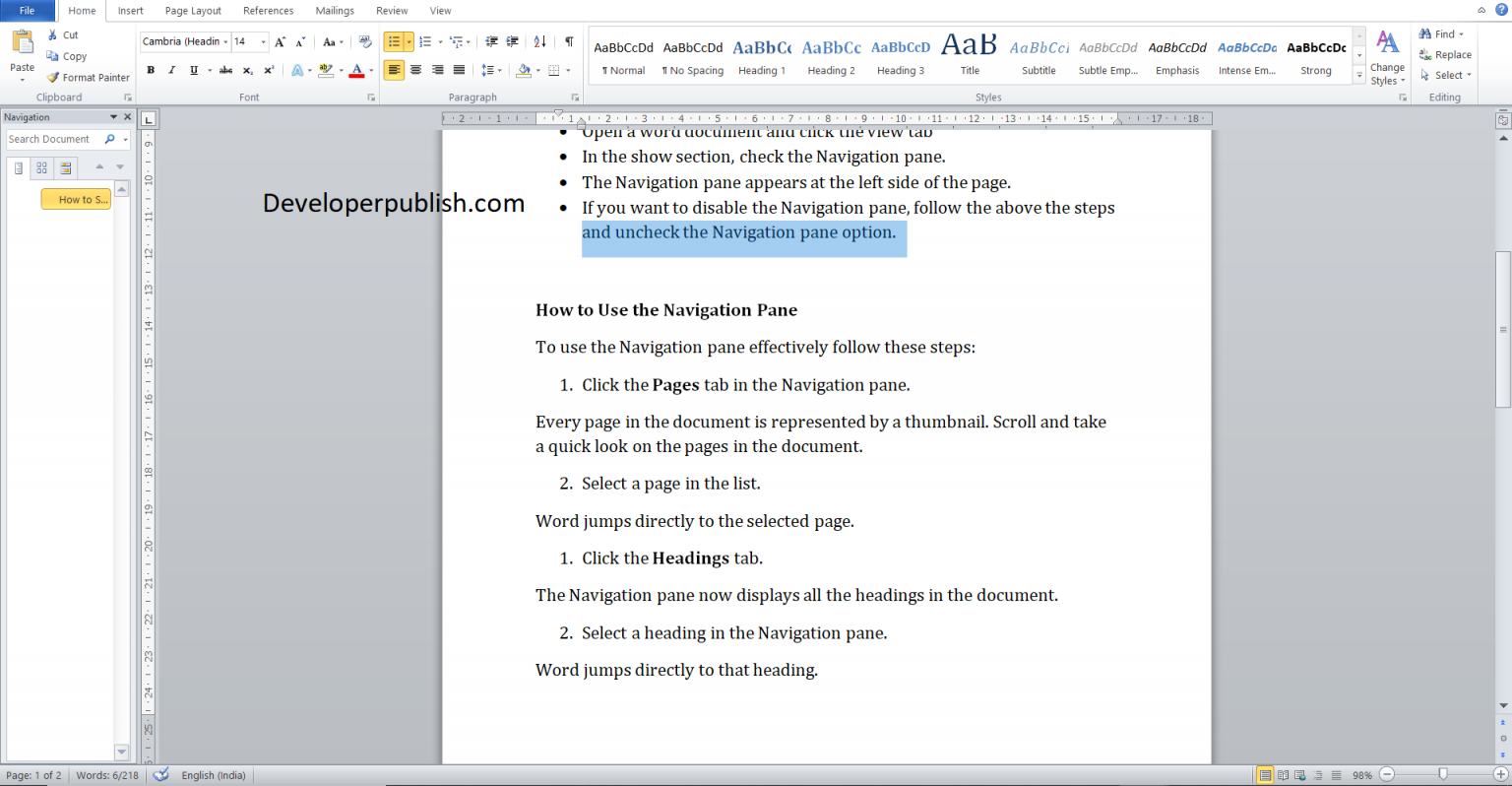 Navigation Pane in Microsoft Word Developer Publish