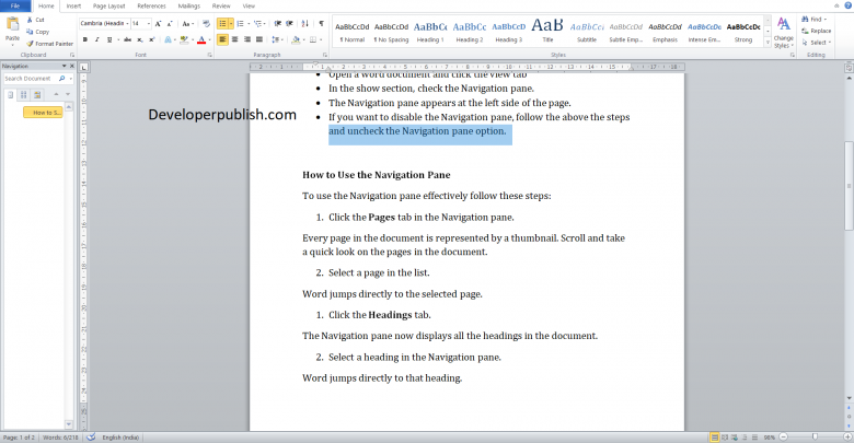 Navigation Pane in Microsoft Word - Developer Publish
