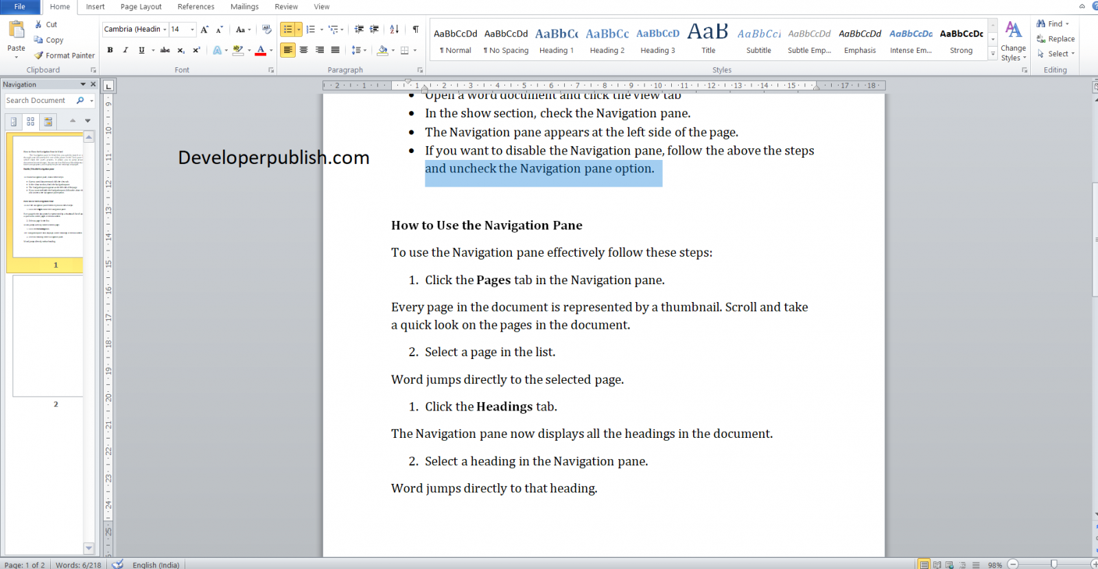 Navigation Pane in Microsoft Word Developer Publish