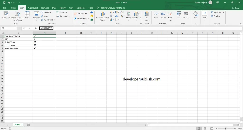 5 Best ways to insert a tick symbol and cross mark in Excel
