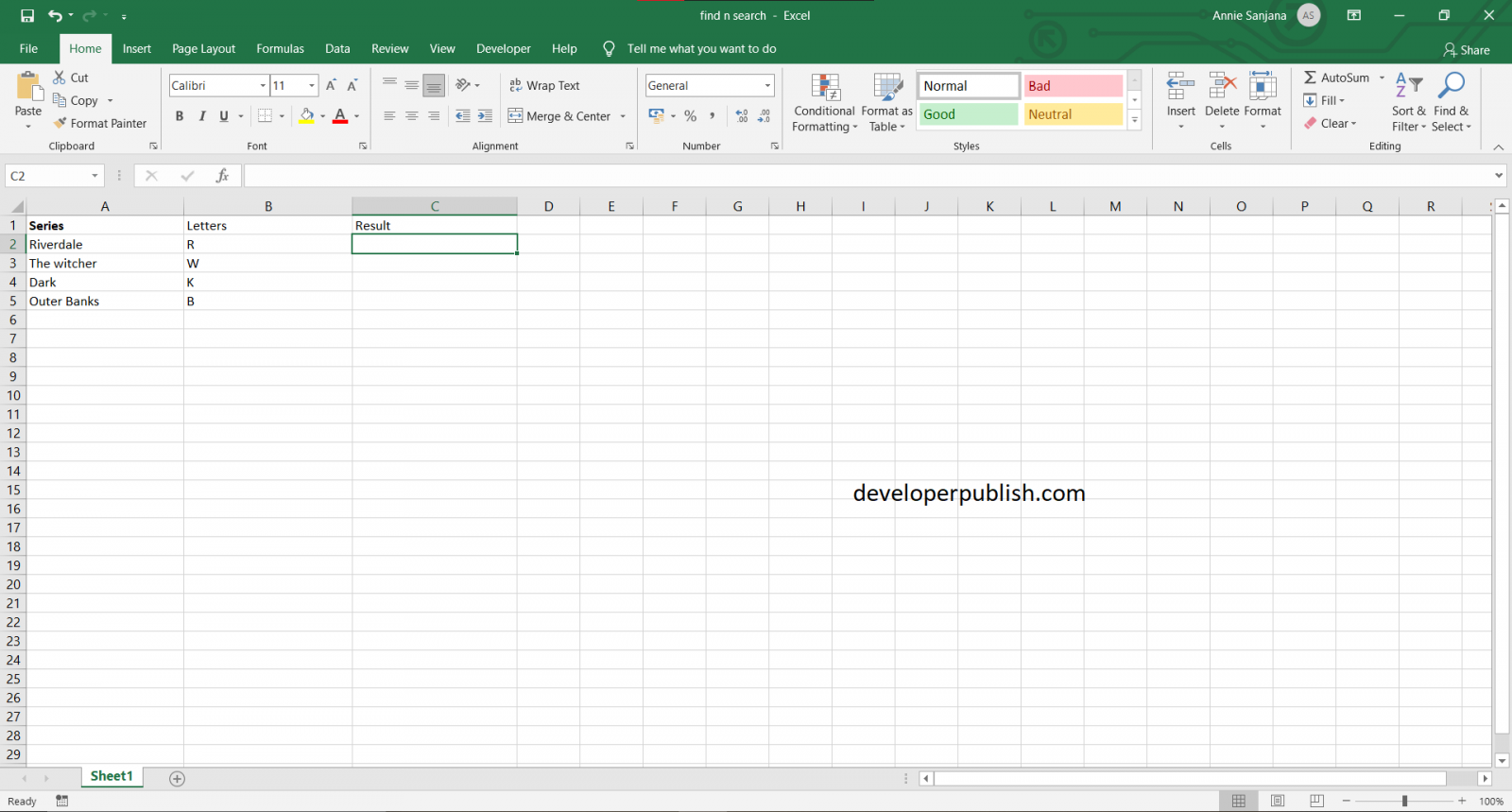 Search function in Excel Developer Publish Tutorials