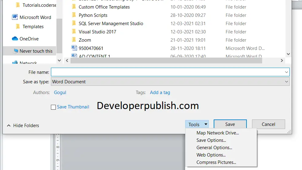 Tools Menu in the Save As Dialog Box in Word - DeveloperPublish