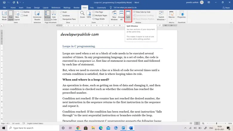 Split View in Microsoft Word - Developer Publish