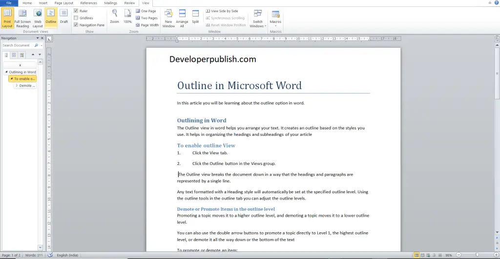 Outline in Microsoft Word Developer Publish Tutorials