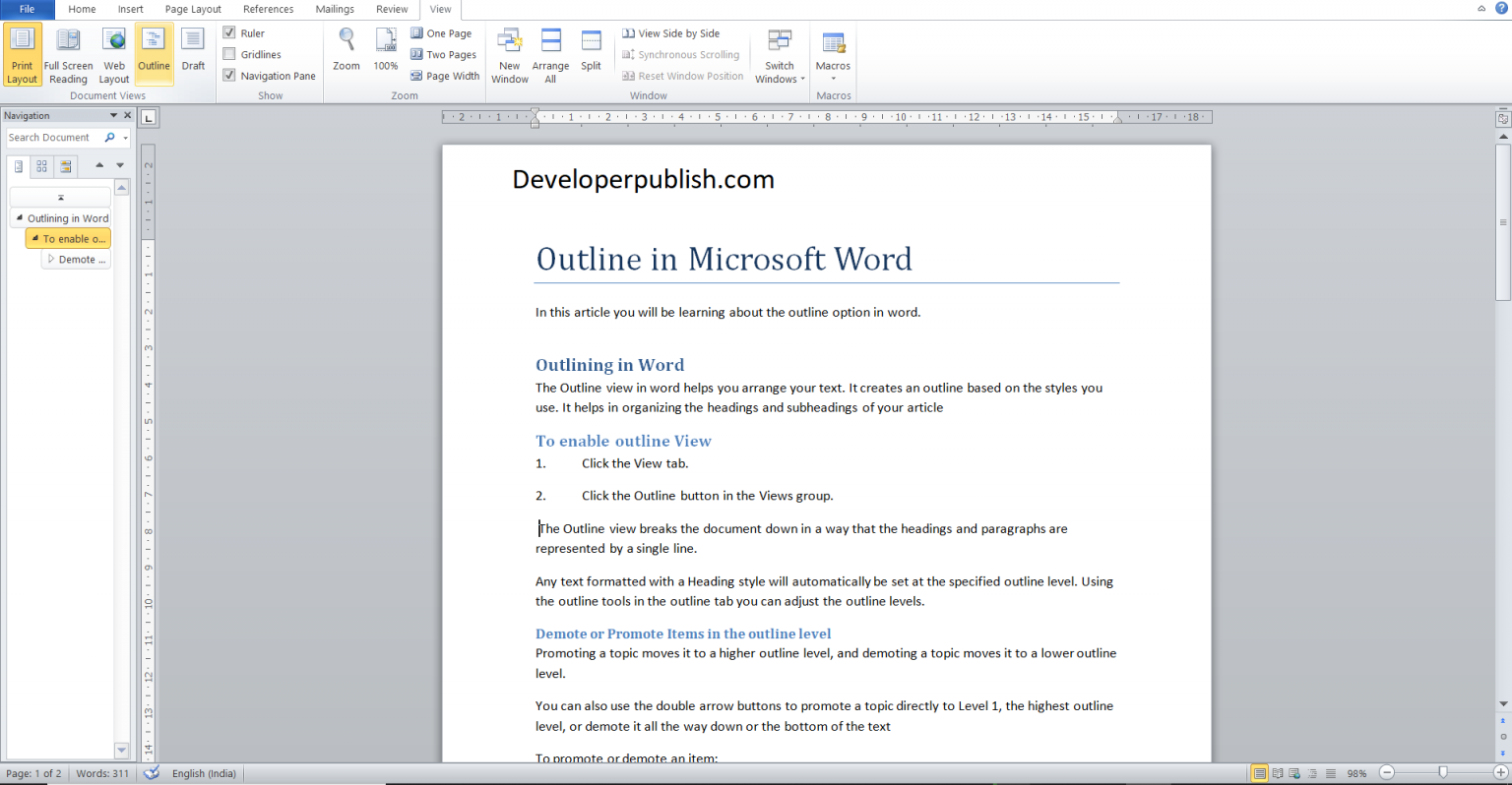 Outline In Microsoft Word Developer Publish Tutorials