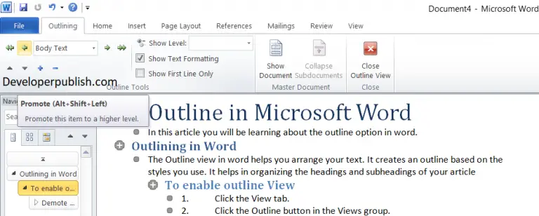 Outline in Microsoft Word