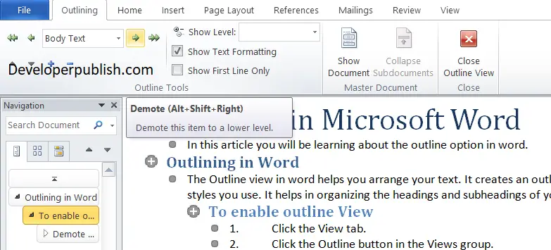 using navigation pane in word how do i promote and demote