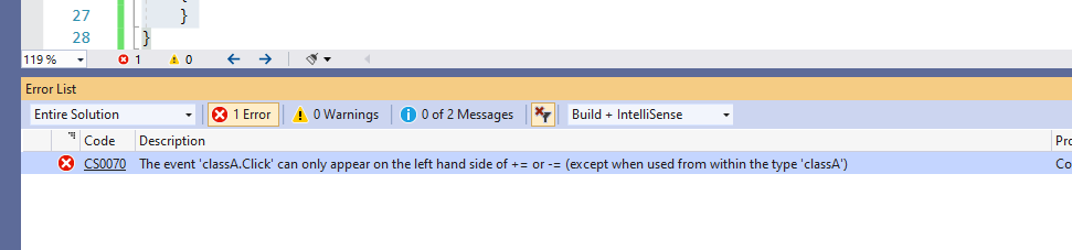 C# Error CS0070 – The event 'event' can only appear on the left hand side of += or -= (except when used from within the type 'type')