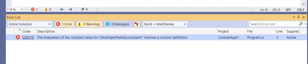 C# Error CS0110 – The evaluation of the constant value for 'const declaration' involves a circular definition