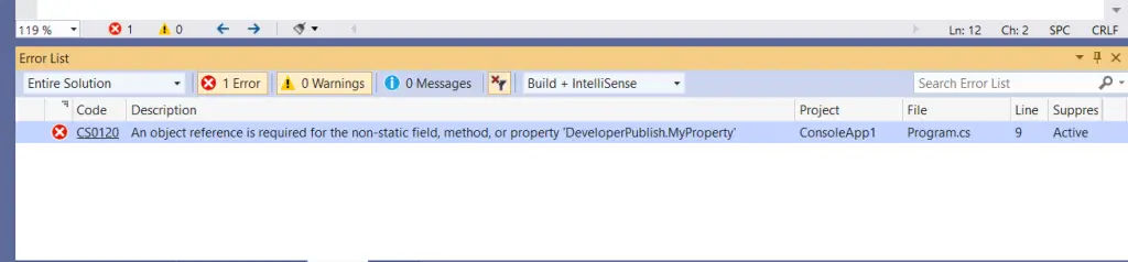 C# Error CS0120 – An object reference is required for the nonstatic field, method, or property 'member'