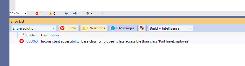 C# Error CS0060 – Inconsistent accessibility: base class 'class1' is less accessible than class 'class2'