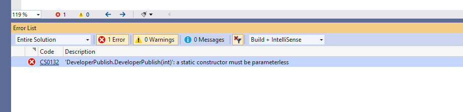 C# Error CS0132 – 'constructor' : a static constructor must be parameterless